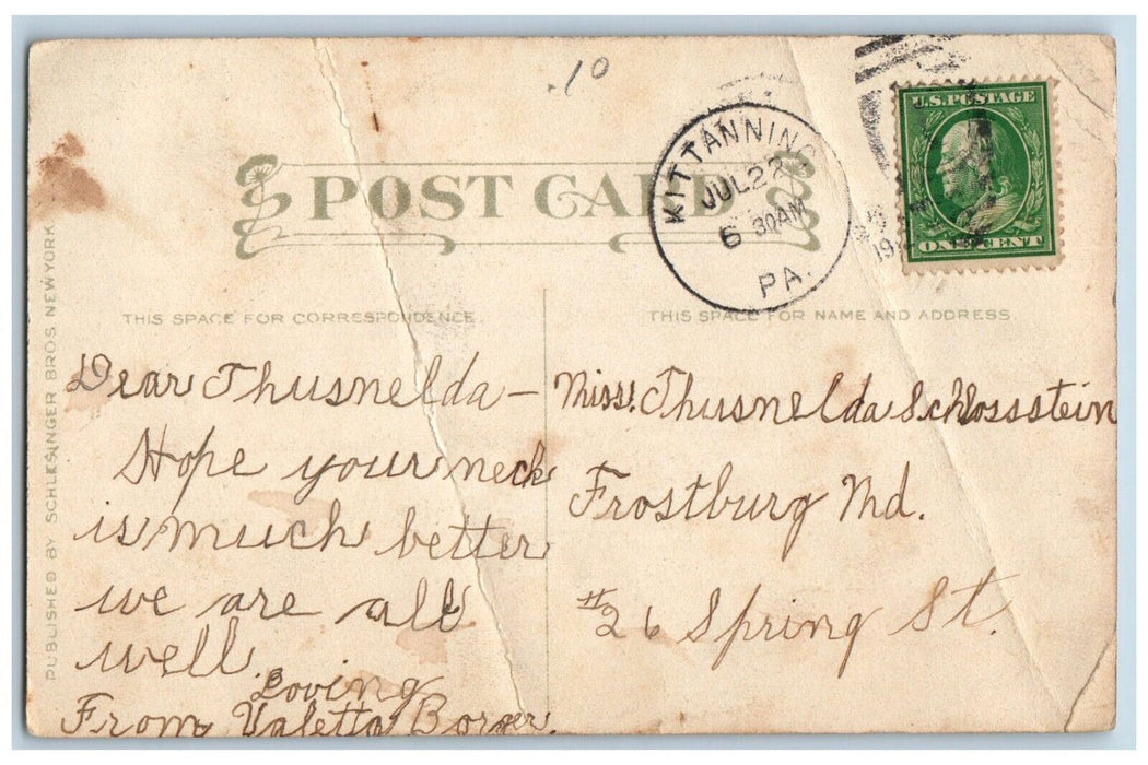1910 Valentine Couple Fighting Girl Big Hat Kittanning Pennsylvania PA Postcard