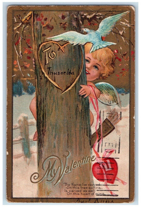 1909 Valentine Cupid Angel Hiding Tree Carving Winsch Back Cleveland OH Postcard