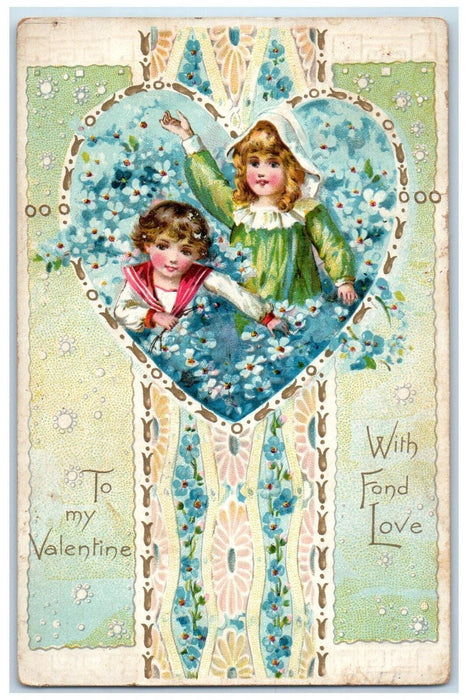 1911 Valentine Children Heart Pansies Flowers Tuck's Muscatine Iowa IA Postcard