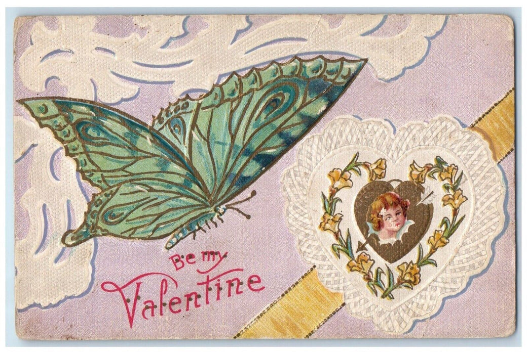 1910 Valentine Heart Angel Head Flowers Butterfly Embossed Posted Postcard