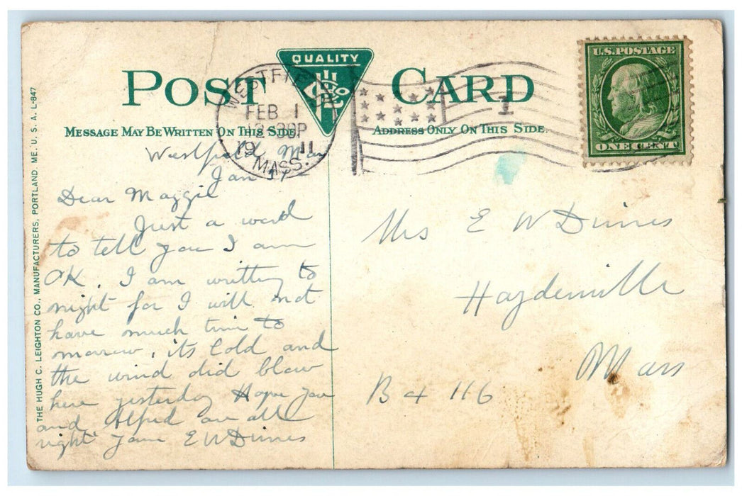 1911 Glimpse Of Hampton Pond From Pequoit Park Holyoke Westfield MA Postcard