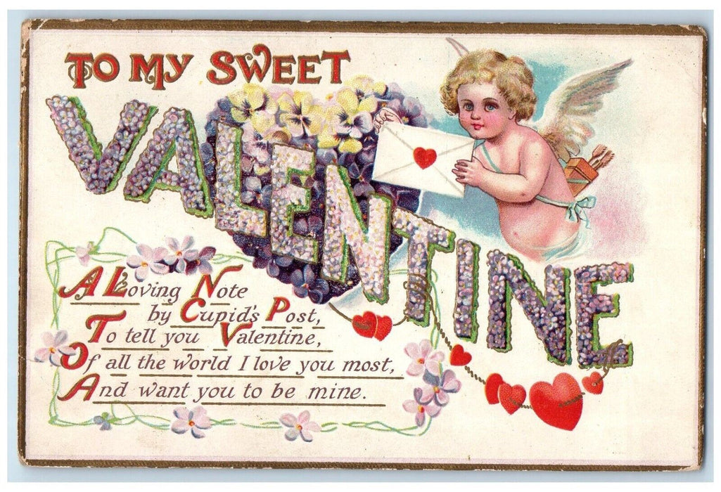 1911 Valentine Cupid Angel Heart Note Pansies Flowers Wellersburg PA Postcard