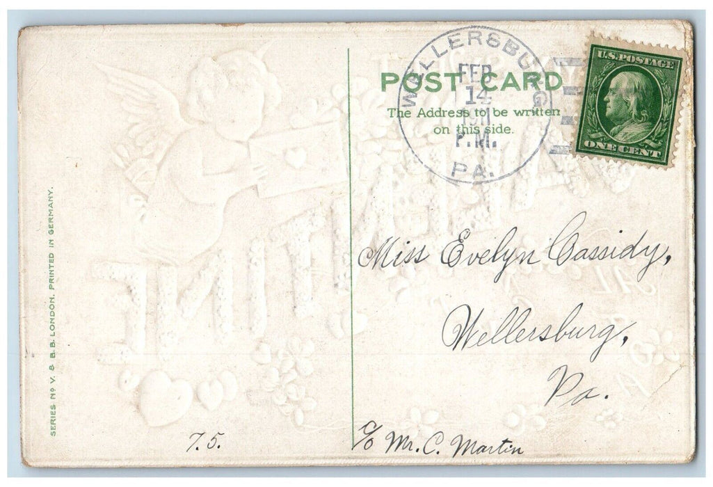1911 Valentine Cupid Angel Heart Note Pansies Flowers Wellersburg PA Postcard