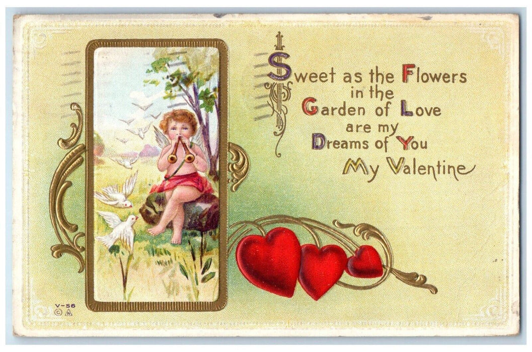 1913 Valentine Cupid Angel Flute Dove Hearts Embossed Cleveland Ohio OH Postcard