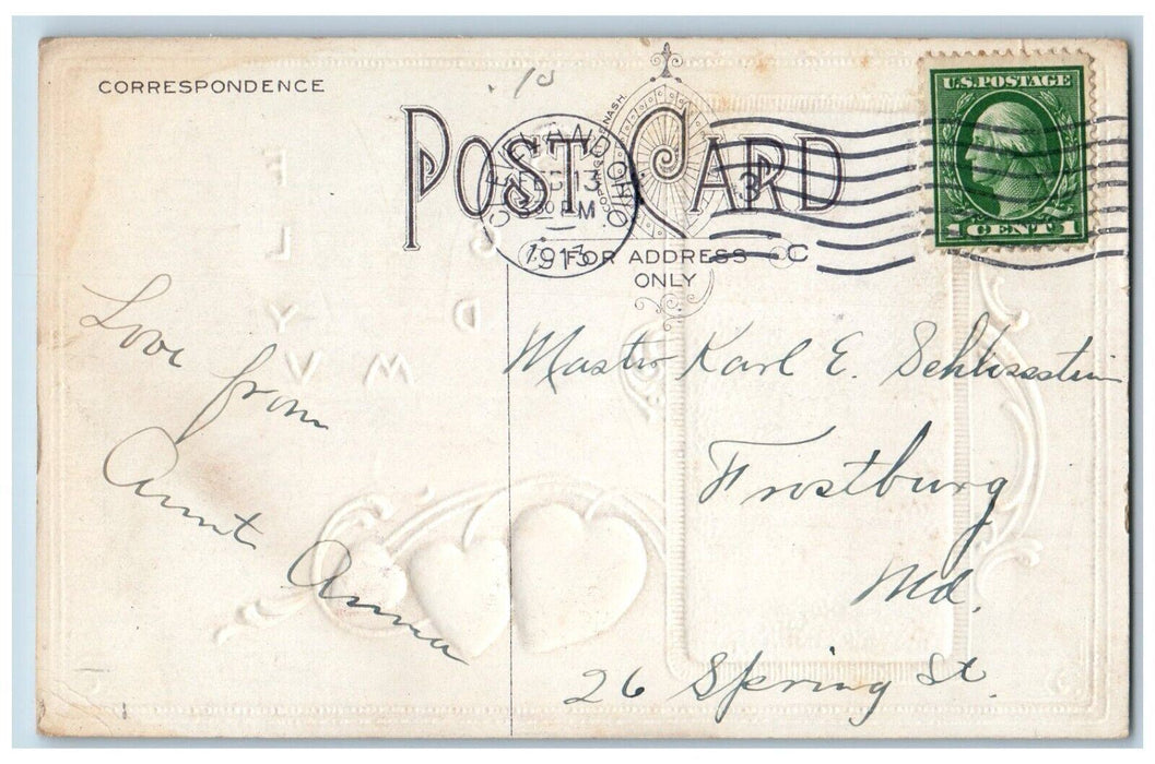 1913 Valentine Cupid Angel Flute Dove Hearts Embossed Cleveland Ohio OH Postcard