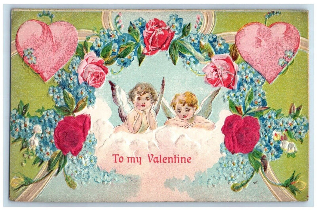 c1910's Valentine Angels Hearts Pansies Flowers Heart Silk Embossed Postcard