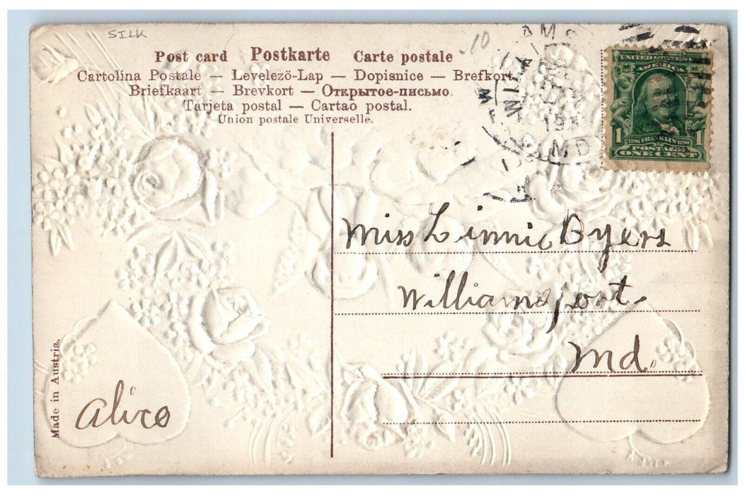 c1910's Valentine Angels Hearts Pansies Flowers Heart Silk Embossed Postcard