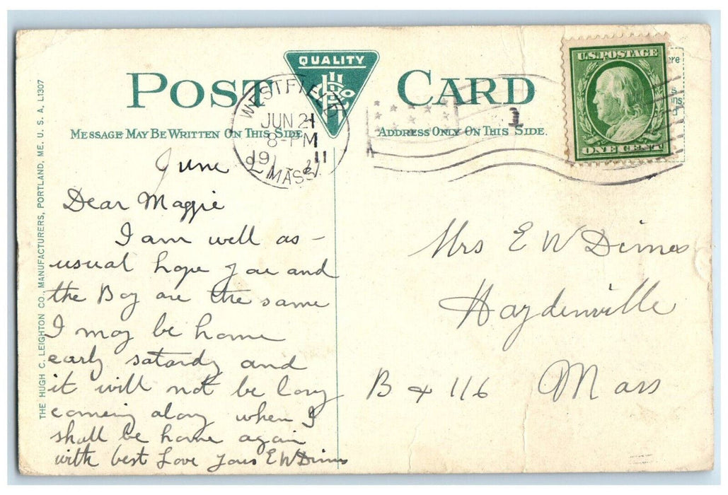 1911 First M.E. Church And Soldier Monument Westfield Massachusetts MA Postcard