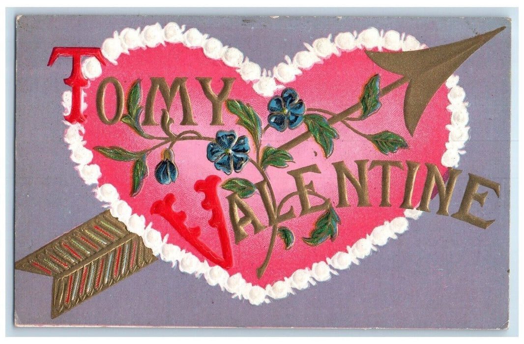 c1910's Valentine Big Heart Arrow Pansies Flowers Embossed Antique Postcard