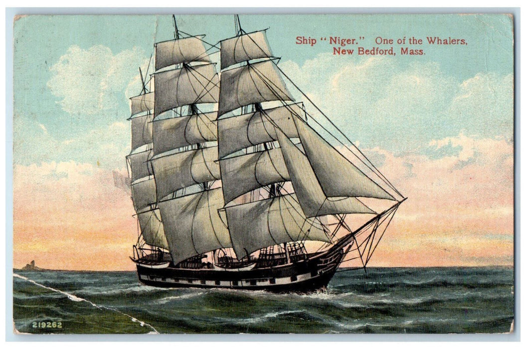 1914 Ship "Niger" Schooner One of the Whalers New Bedford MA Postcard