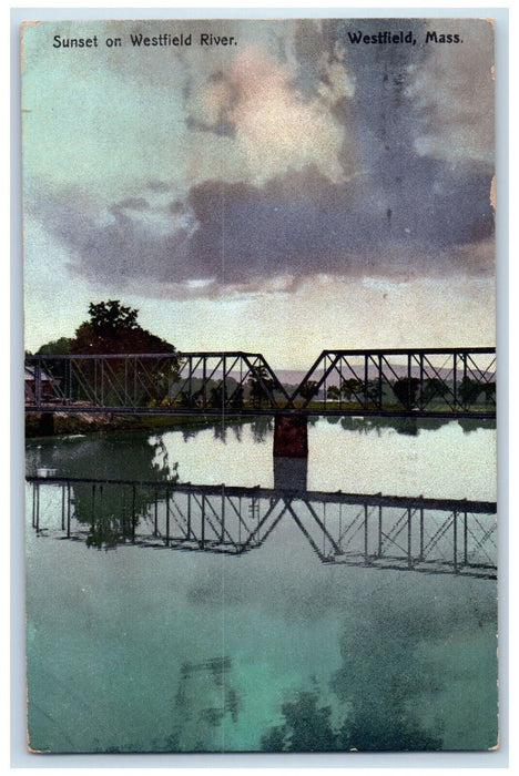 1911 Sunset On Westfield River Bridge Scene Massachusetts MA Vintage Postcard