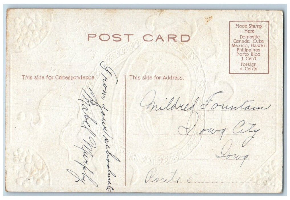 c1910's Valentine Hearts Angel Pansies Flowers Embossed Posted Antique Postcard