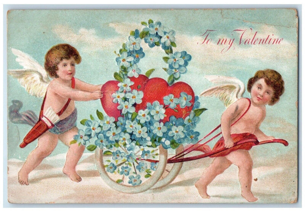c1910's Valentine Cupid Angel Pulling Cart With Hearts Pansies Flowers Postcard