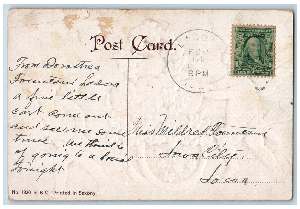 c1910's Valentine Cupid Angel Pulling Cart With Hearts Pansies Flowers Postcard