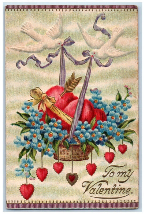 1912 Valentine Dove Delivering Flowers And Hearts In Basket Embossed Postcard