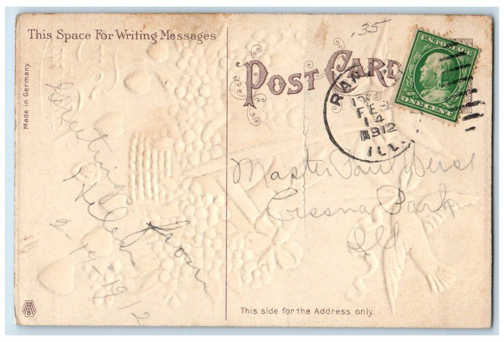 1912 Valentine Dove Delivering Flowers And Hearts In Basket Embossed Postcard