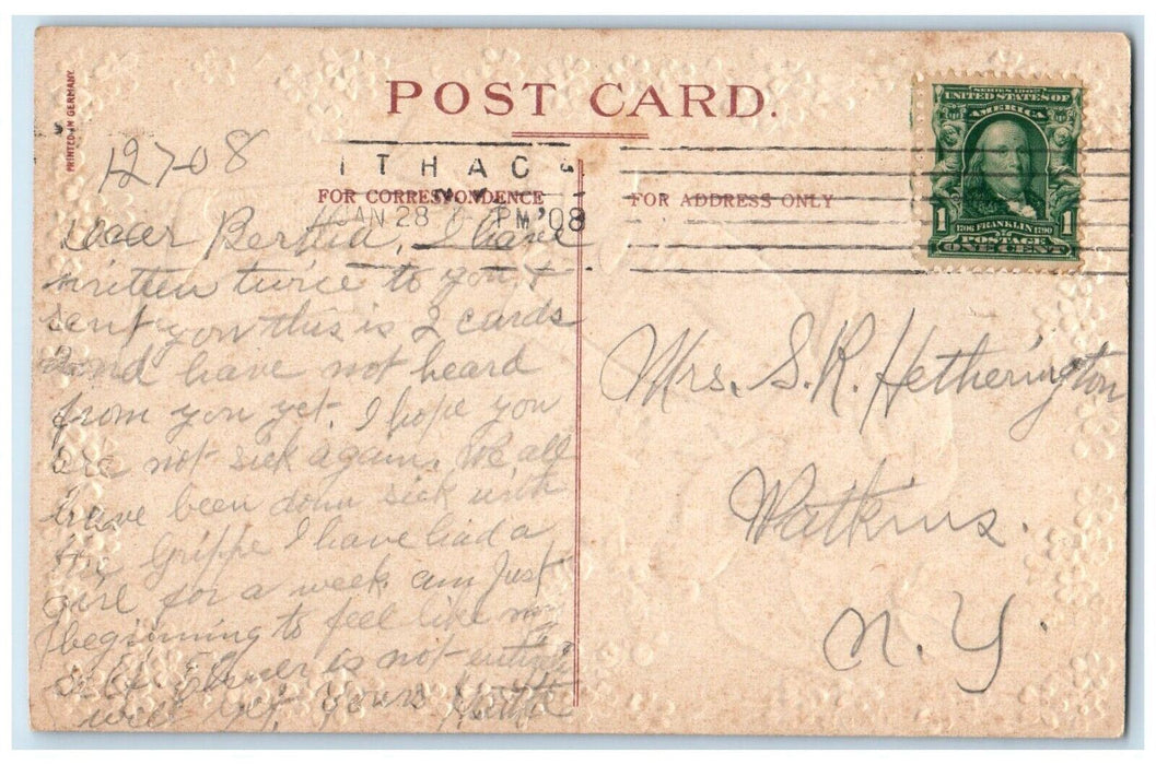 1908 Valentine Greeting Boy Heart Pansies Flowers Dove Embossed Posted Postcard
