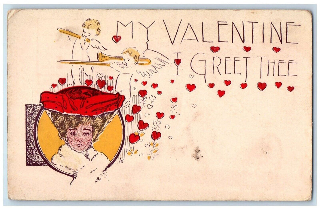 c1905 Valentine Greet Thee Girl Angel Clarinet Trumpet Hearts Antique Postcard