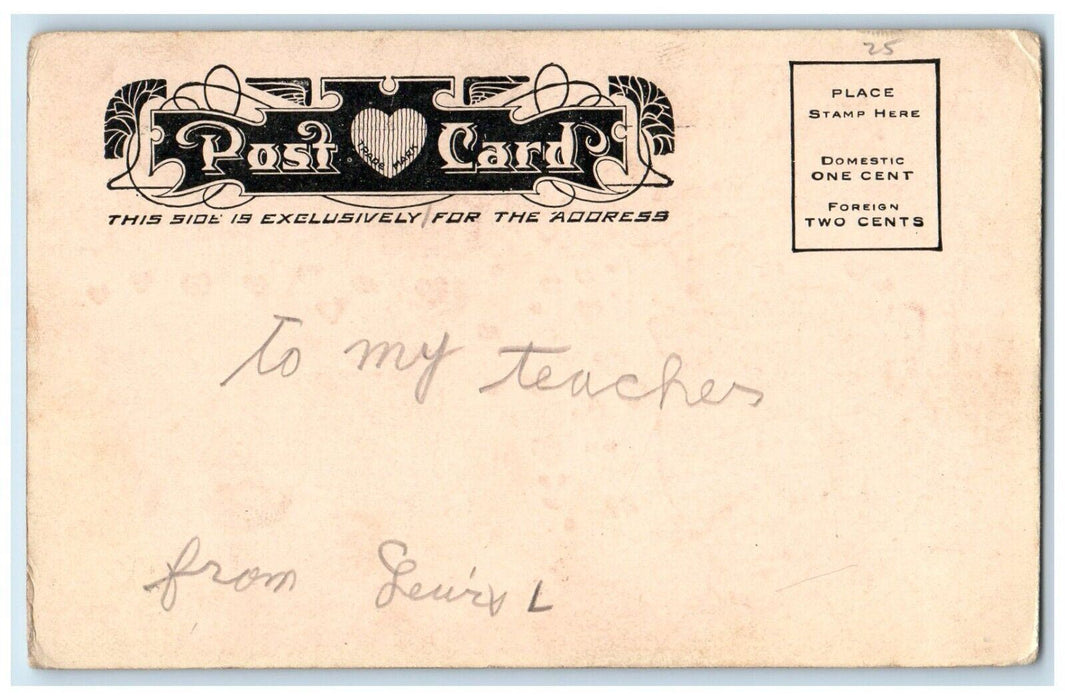 c1905 Valentine Greet Thee Girl Angel Clarinet Trumpet Hearts Antique Postcard