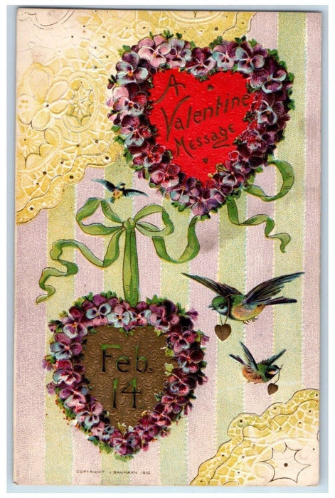 c1910's Valentine Message Pansies Flowers Heart Birds Embossed Antique Postcard
