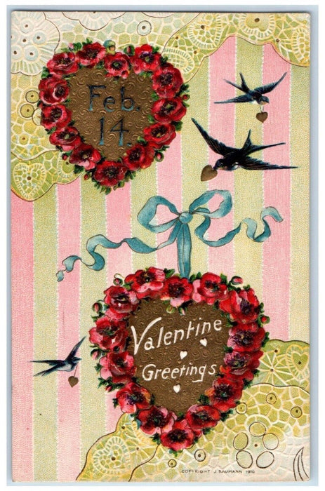 1912 Valentine Greetings Hearts Flowers Birds Embossed Washington DC Postcard