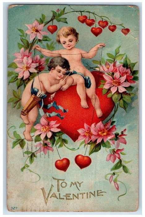 1911 Valentine Cupid Angel Flowers Hearts Embossed Norfolk Virginia VA Postcard