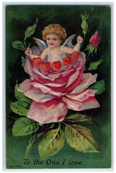 1909 Valentine Angel Hearts In Big Flowers Embossed Potts Grove PA Postcard