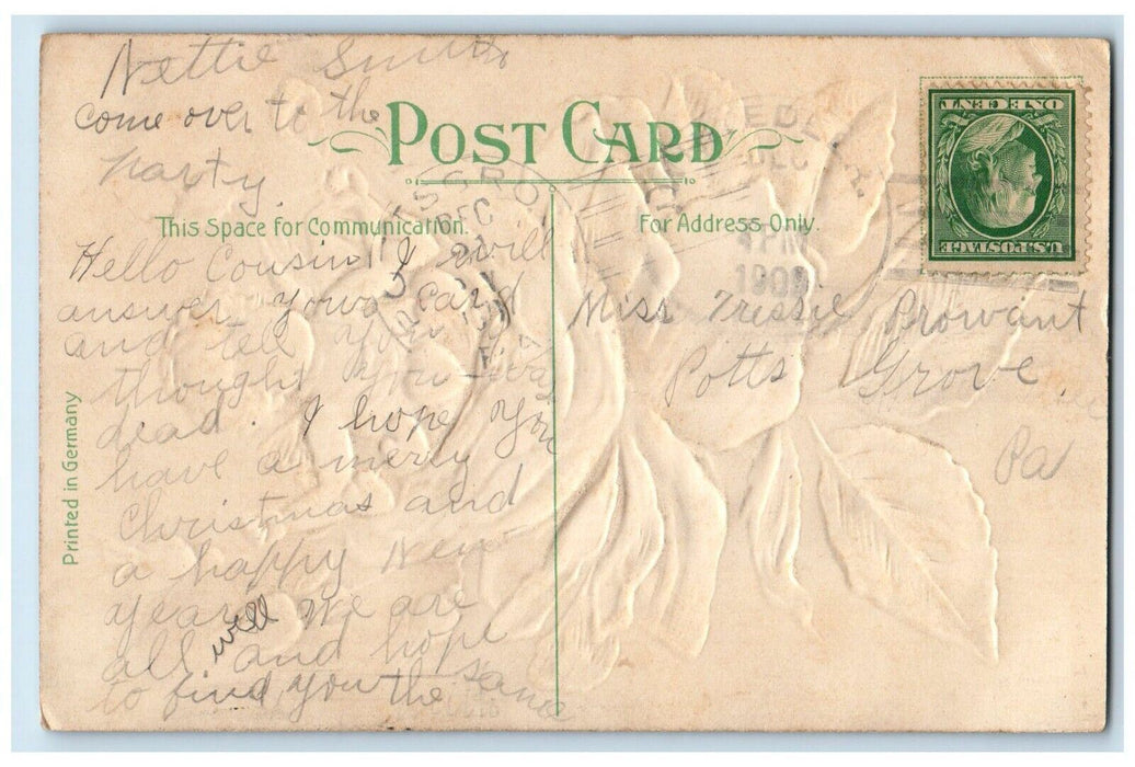 1909 Valentine Angel Hearts In Big Flowers Embossed Potts Grove PA Postcard