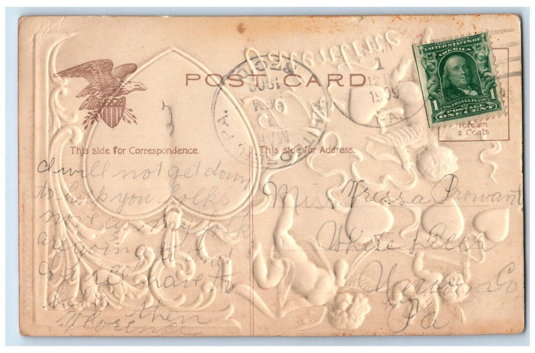 1909 Valentine Big Heart Floating Angels Airbrushed Embossed Antique Postcard