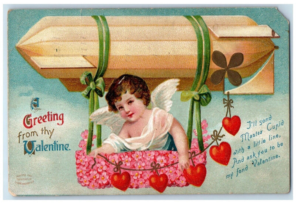 1910 Valentine Greetings Dirigible Airplane Angels Pansies Flowers Postcard