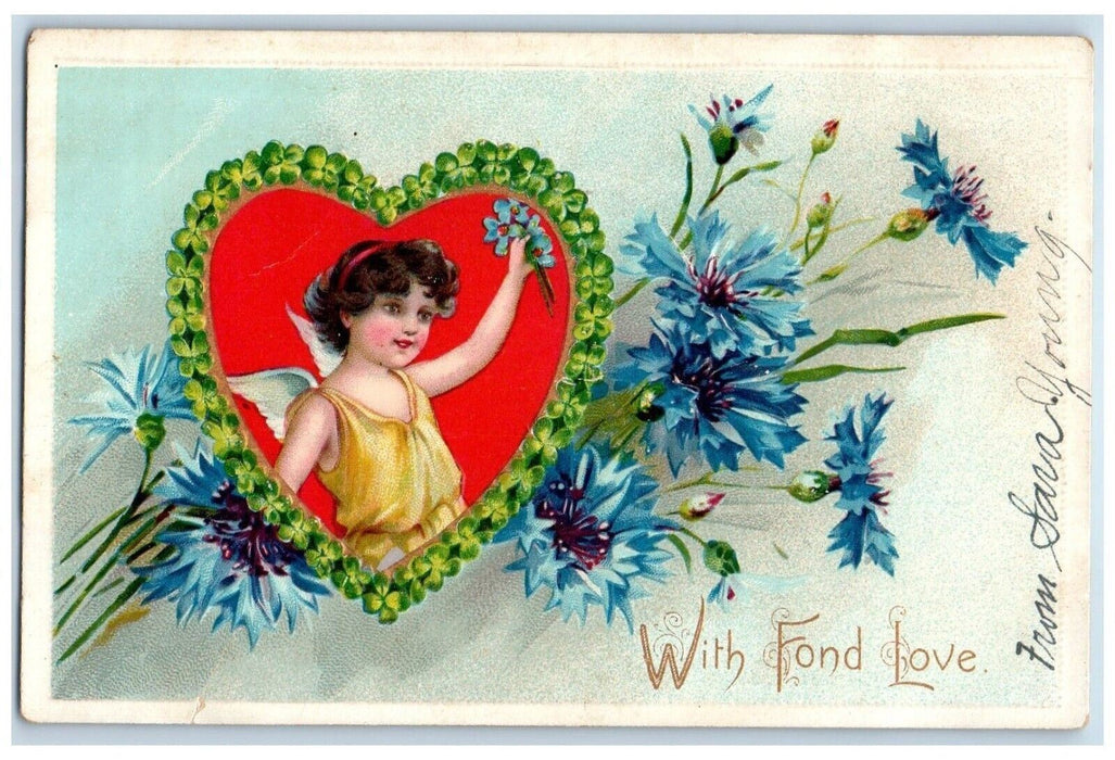 c1910's Valentine Angel Big Heart Shamrocks Flowers Embossed Tuck's Postcard