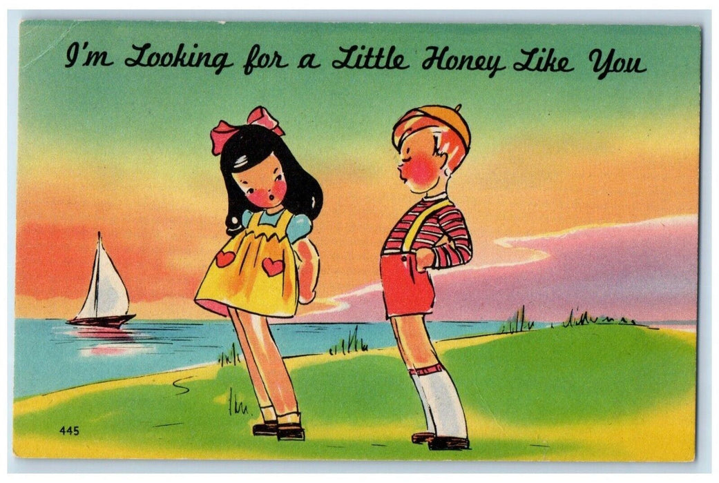 c1930's Valentine Children Boat Looking For Little Honey Like You Postcard