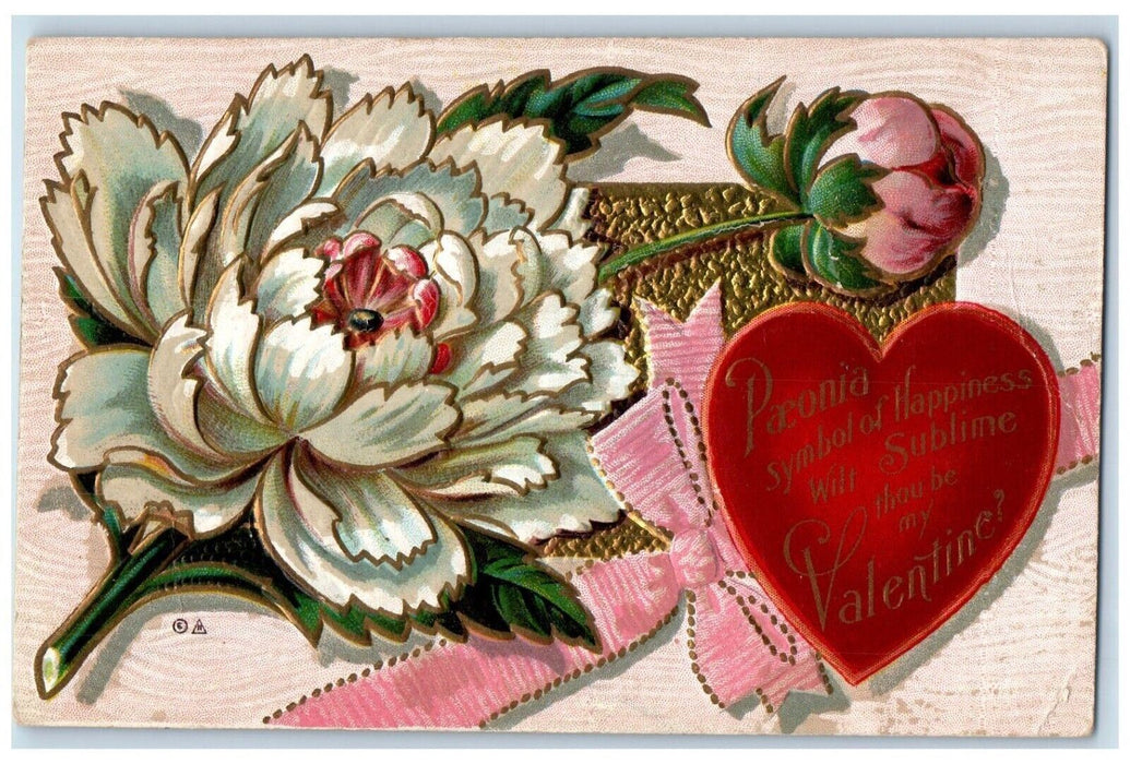 c1910's Valentine Heart White Flowers Ribbon Embossed Posted Antique Postcard