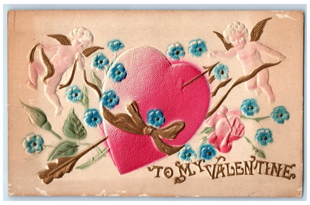 c1910's Valentine Cupid Angel Arrow Big Heart Pansies Airbrushed Posted Postcard