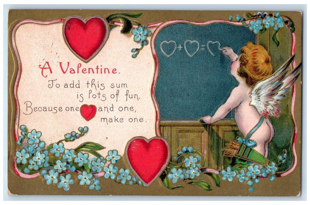 1911 Valentine Cupid Angel Hearts Pansies Flowers Winsch Back Fonda NY Postcard