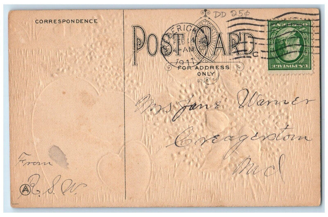 1911 Valentine Hearts Sea View Pansies Flowers Embossed Posted Antique Postcard