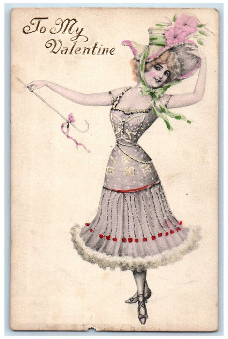 c1905 Valentine Pretty Woman Dress Flowers Hat Posted Antique Postcard