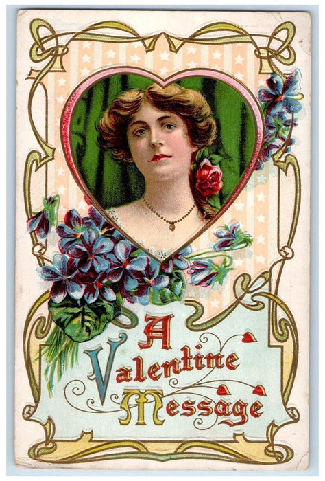 c1910's Valentine Message Pretty Woman Heart Pansies Flowers Embossed Postcard