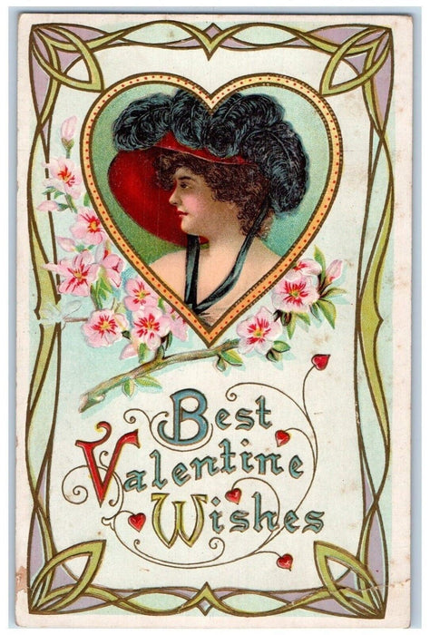 c1910's Valentine Message Pretty Woman Heart Flowers Embossed Antique Postcard