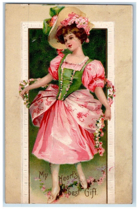 c1910's Valentine Pretty Woman Dress Pink Flowers Clapsaddle Embossed Postcard