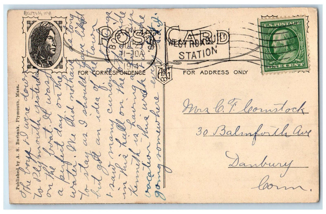 1914 Pilgrim Hall Boston Massachusetts MA Antique Posted AS Burbank Postcard