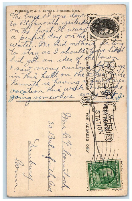 1914 Pilgrim Hall Boston Massachusetts MA Antique Posted AS Burbank Postcard