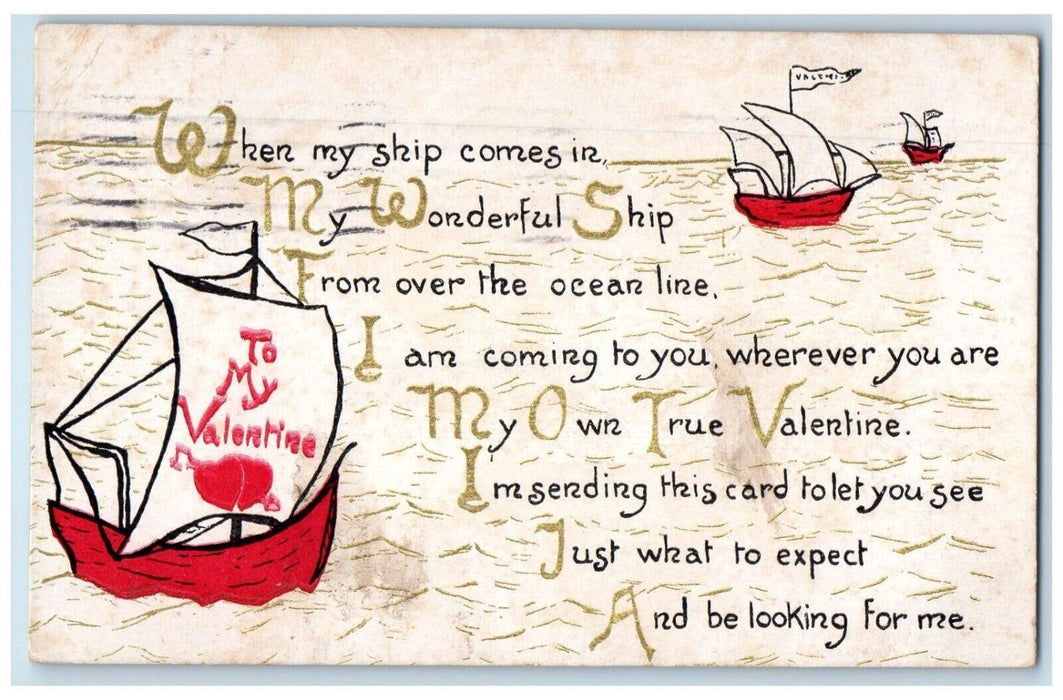 1911 Valentine Heart Ship Motto Sanford Buffalo New York NY Antique Postcard