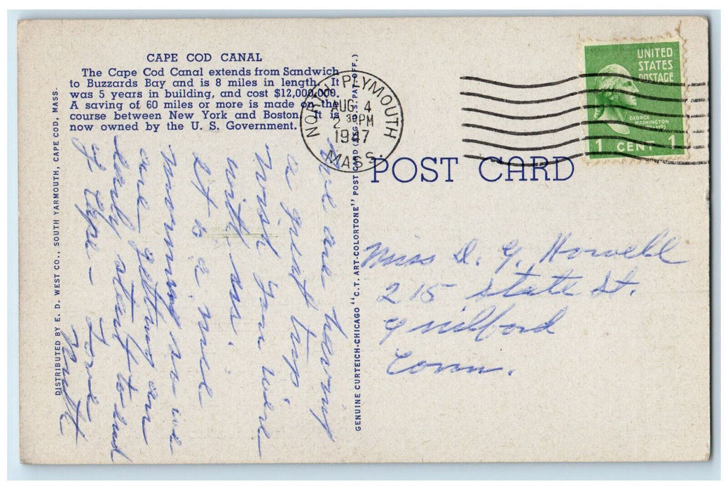 1947 View of Bourne Bridge Over Cape Cod Canal Massachusetts MA Postcard