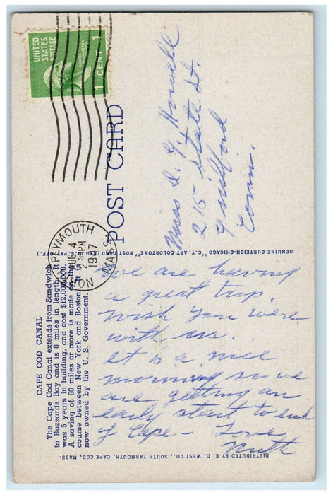 1947 View of Bourne Bridge Over Cape Cod Canal Massachusetts MA Postcard
