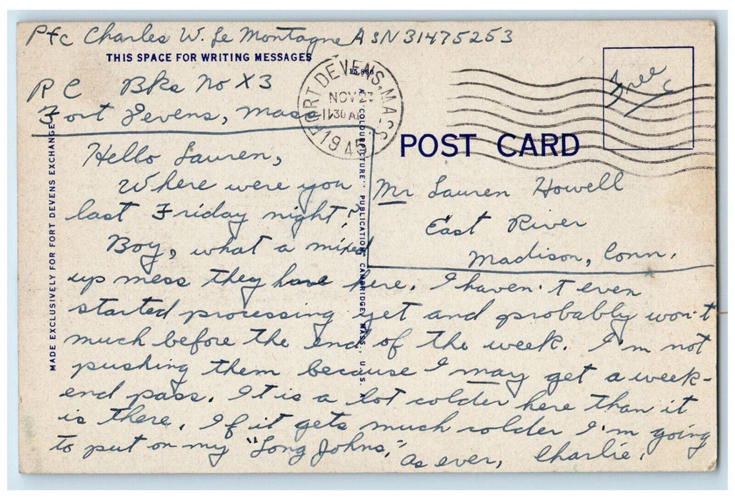 1945 Main Gate Fort Devens Massachusetts MA Posted Fort Devens Exchange Postcard