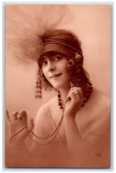 c1910's Pretty Woman Bangle Necklace Studio Portrait France Antique Postcard