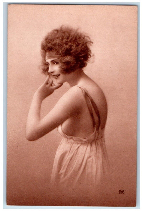 c1910's Pretty Woman Backless Dress Studio Portrait France Antique Postcard