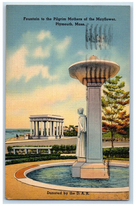 1940 Fountain to the Pilgrim Mothers of Mayflower Plymouth MA Postcard