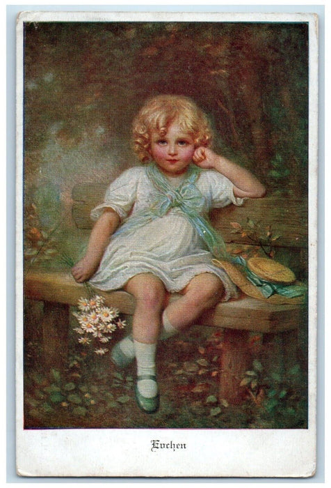 c1910's Cute Little Girl Brown Hair Flowers Studio Portrait Munk Wien Postcard